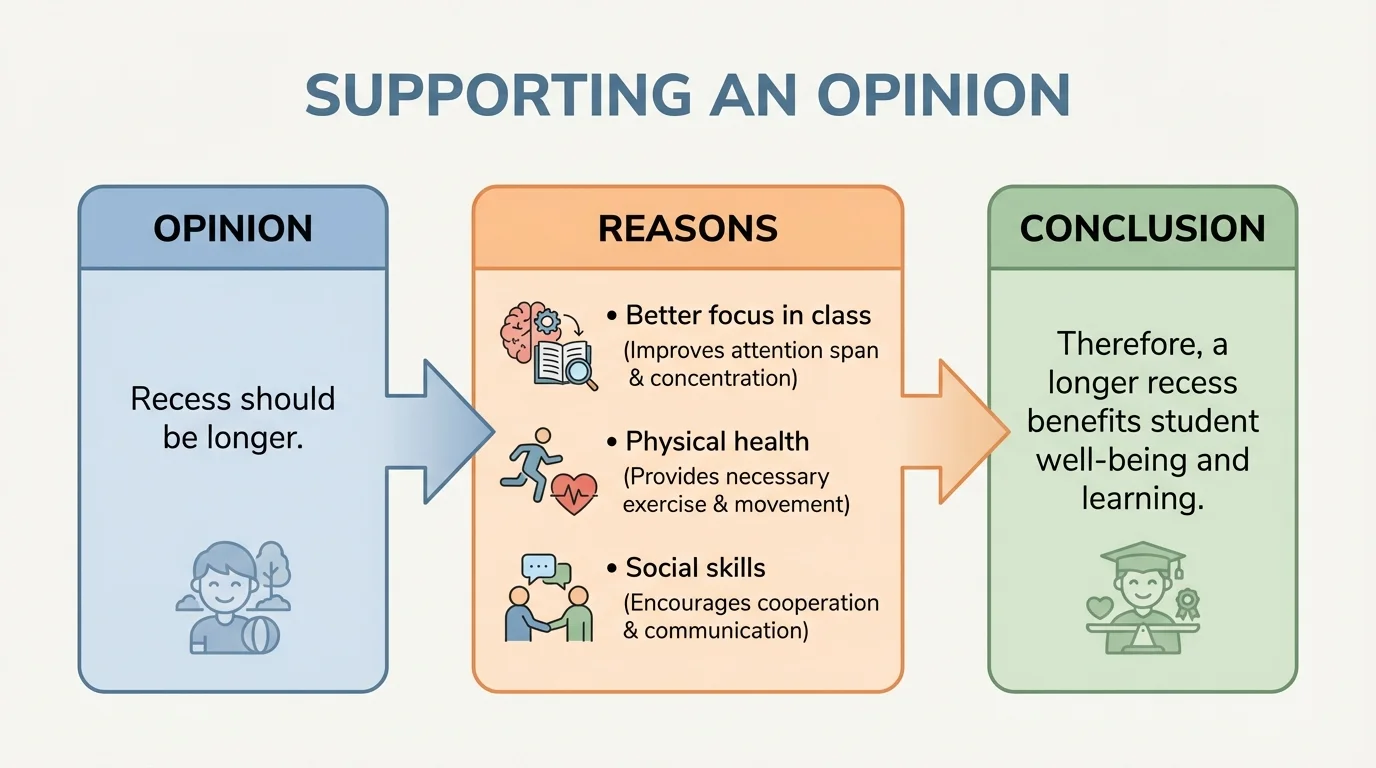 Three-box flowchart labeled Opinion, Reasons, Conclusion using a sample topic 'Recess should be longer' with short notes in each box