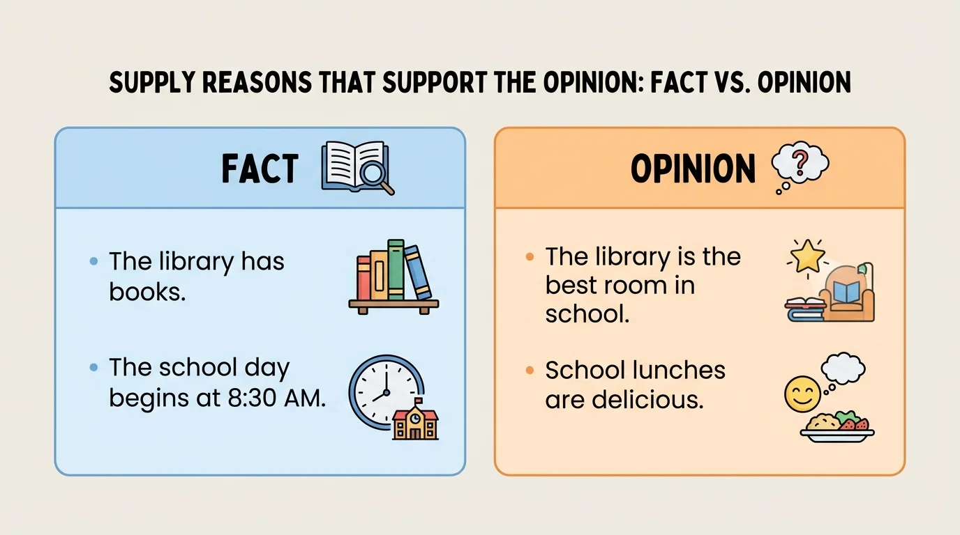Two-column chart labeled Fact and Opinion with simple school-related sentences such as 'The library has books' under Fact and 'The library is the best room in school' under Opinion
