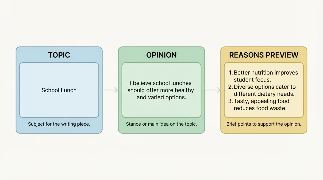 simple labeled writing organizer with three boxes labeled topic, opinion, and reasons preview about school lunch