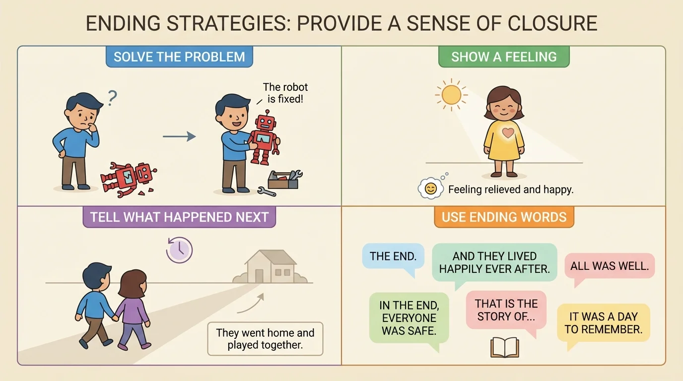 four-panel chart showing ending strategies with simple scenes labeled solve the problem, show a feeling, tell what happened next, and use ending words