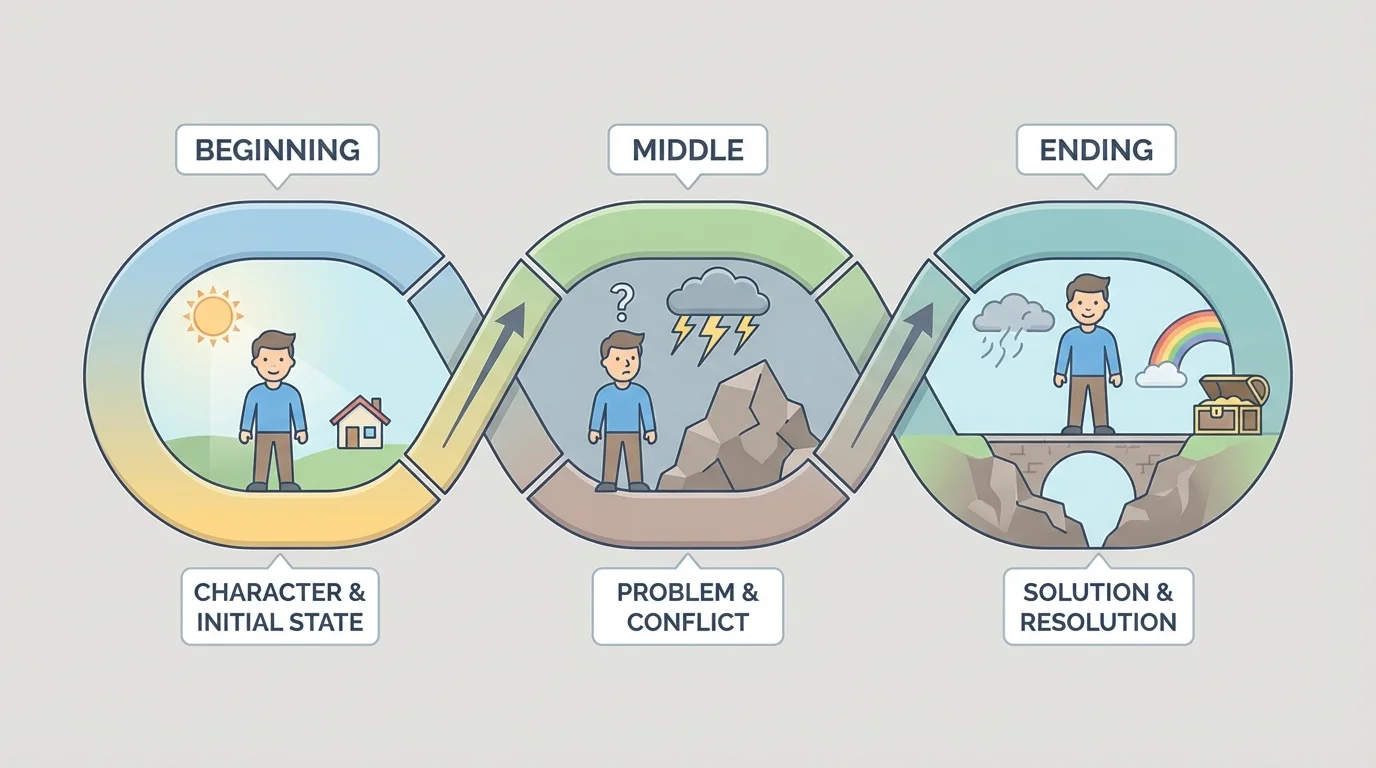 story path with three parts labeled beginning, middle, ending, showing a character, a problem, and a solution at the end