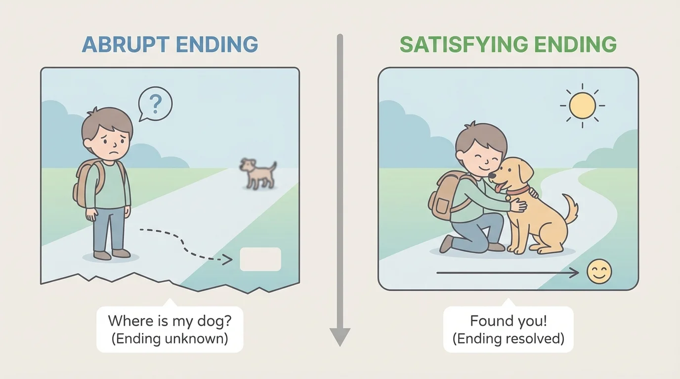 side-by-side comparison of an abrupt story ending and a satisfying ending where a child finds a lost dog and hugs it with a relieved smile