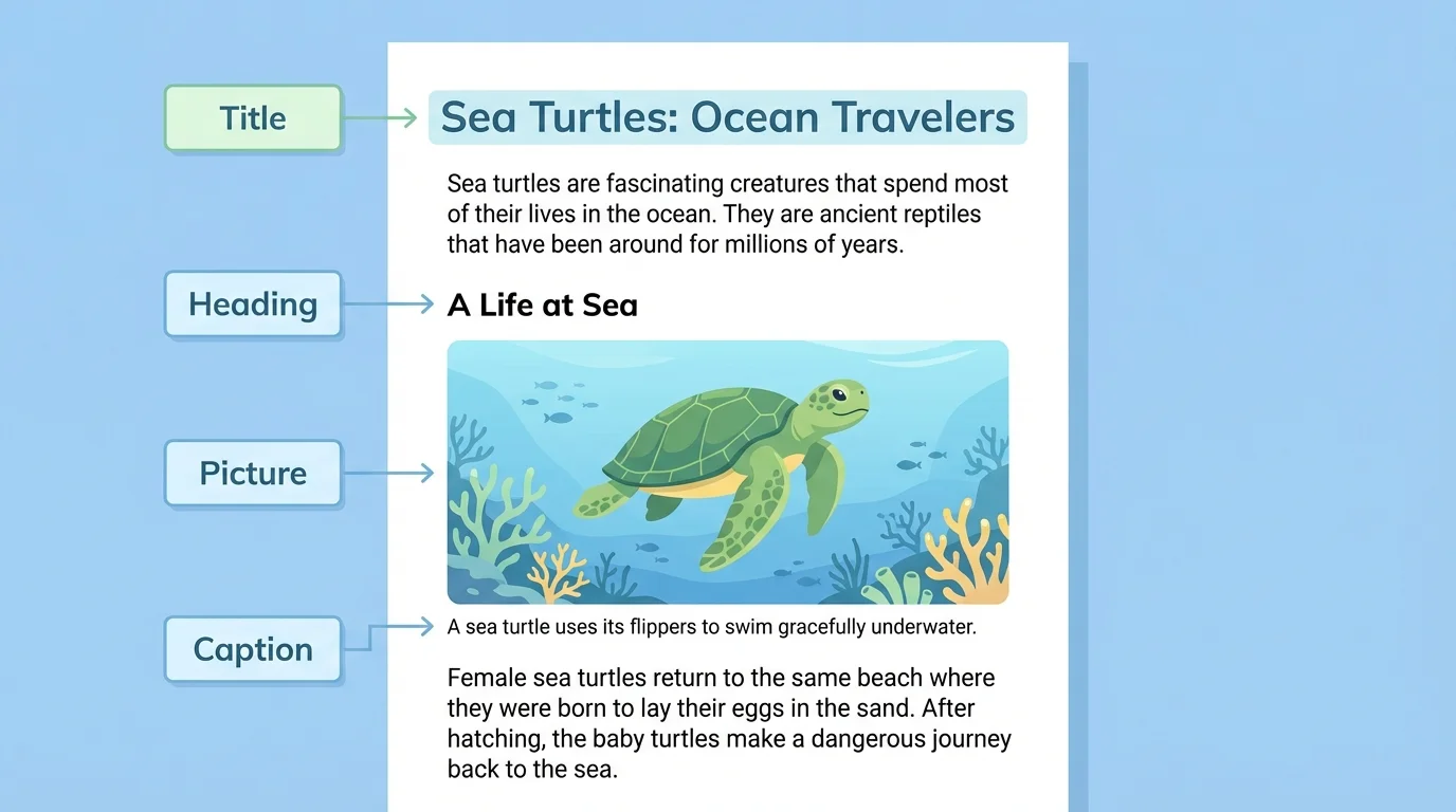 labeled page from a kid-friendly nonfiction article showing title, heading, picture, and caption as text clues