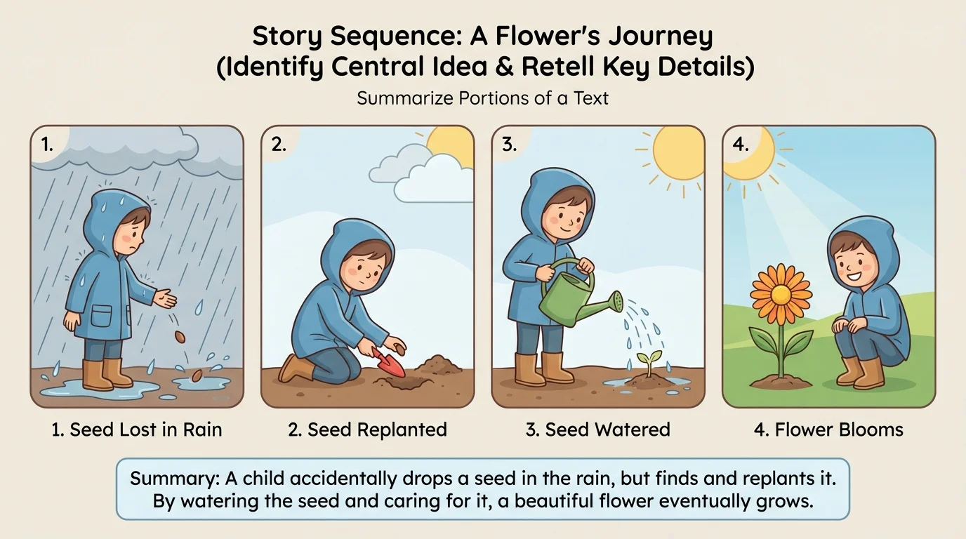 simple story sequence illustration of a child losing a seed in rain, replanting, watering it, and later seeing a flower bloom