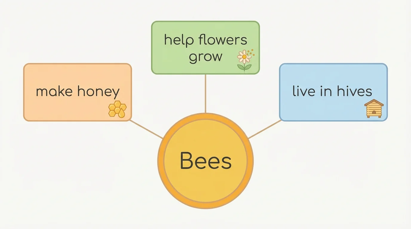 chart with a center circle labeled 'Bees' and surrounding boxes labeled 'make honey,' 'help flowers grow,' and 'live in hives'
