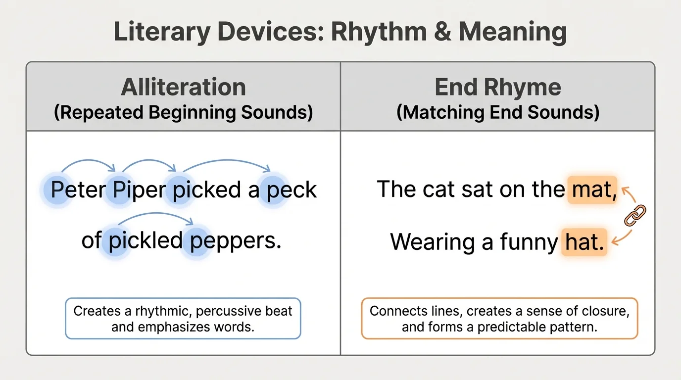 Side-by-side chart showing one line with repeated beginning sounds and another pair of lines ending with rhyming words