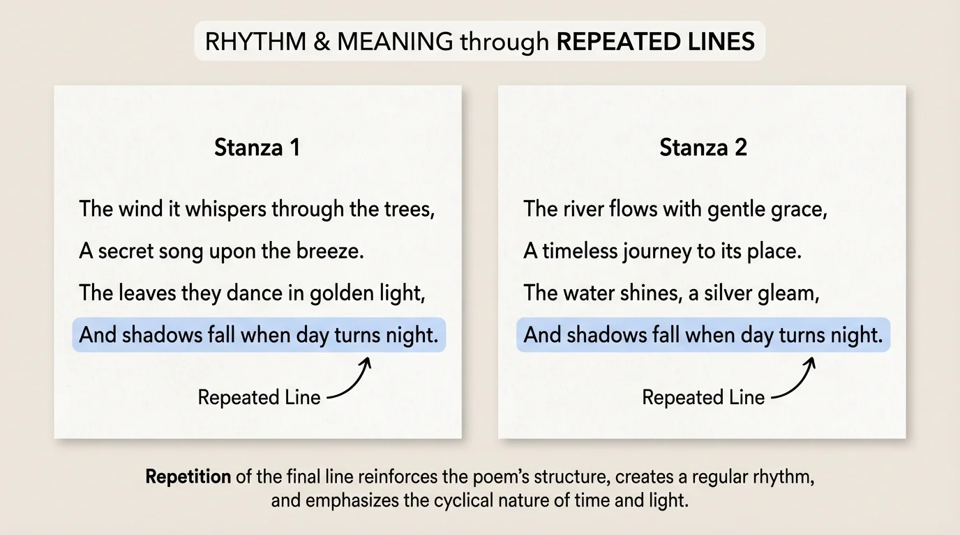 Short poem with the same line repeated at the end of each stanza, highlighted in matching color
