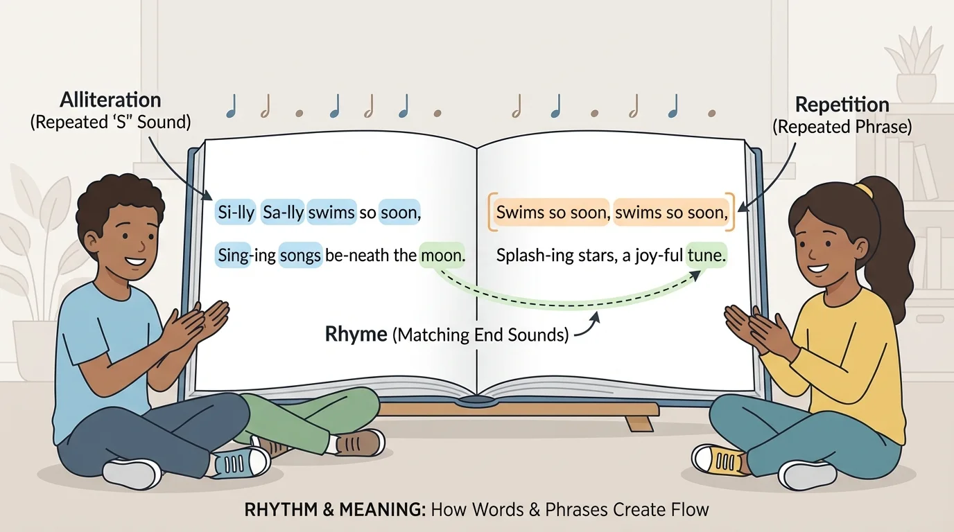 Children reading a short poem aloud while clapping a steady beat, with simple beat marks above each line