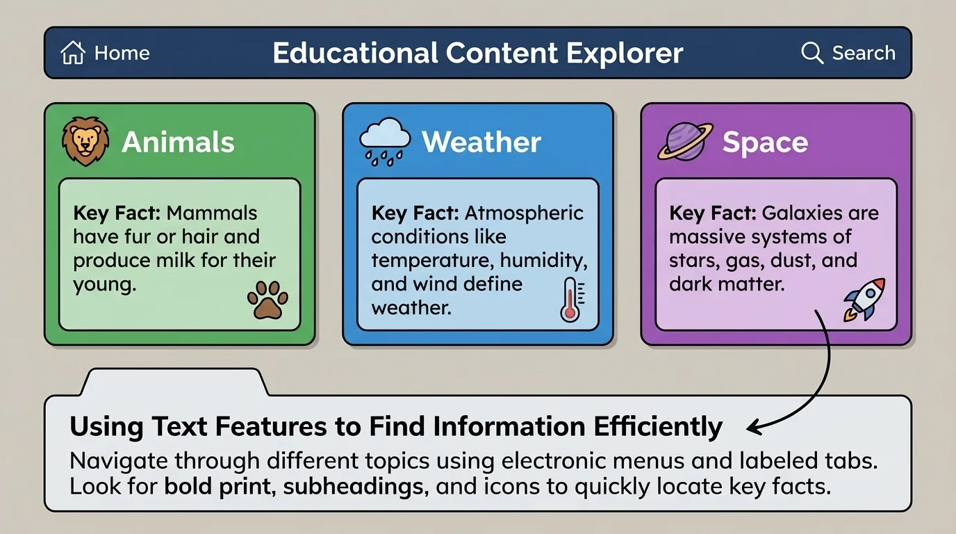 Tablet screen with an electronic menu bar, home icon, search icon, and labeled tabs for Animals, Weather, and Space