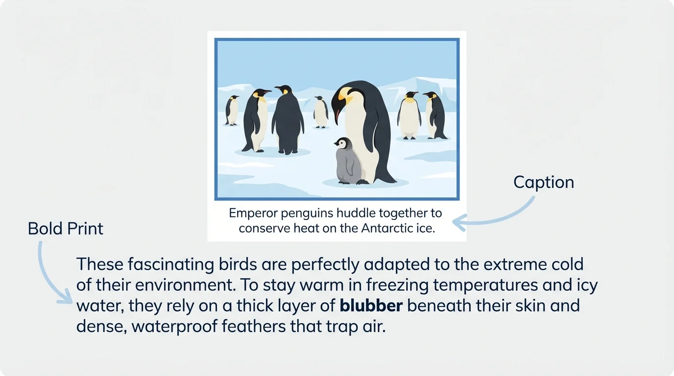 Nonfiction book page about penguins with a photo, a short caption under the photo, and bold word 'blubber' in the paragraph