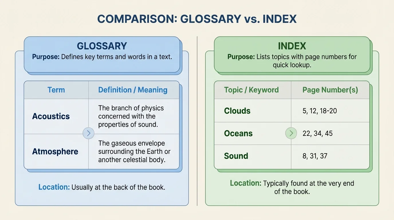 Simple comparison page showing a glossary with word and meaning, and an index with topics and page numbers