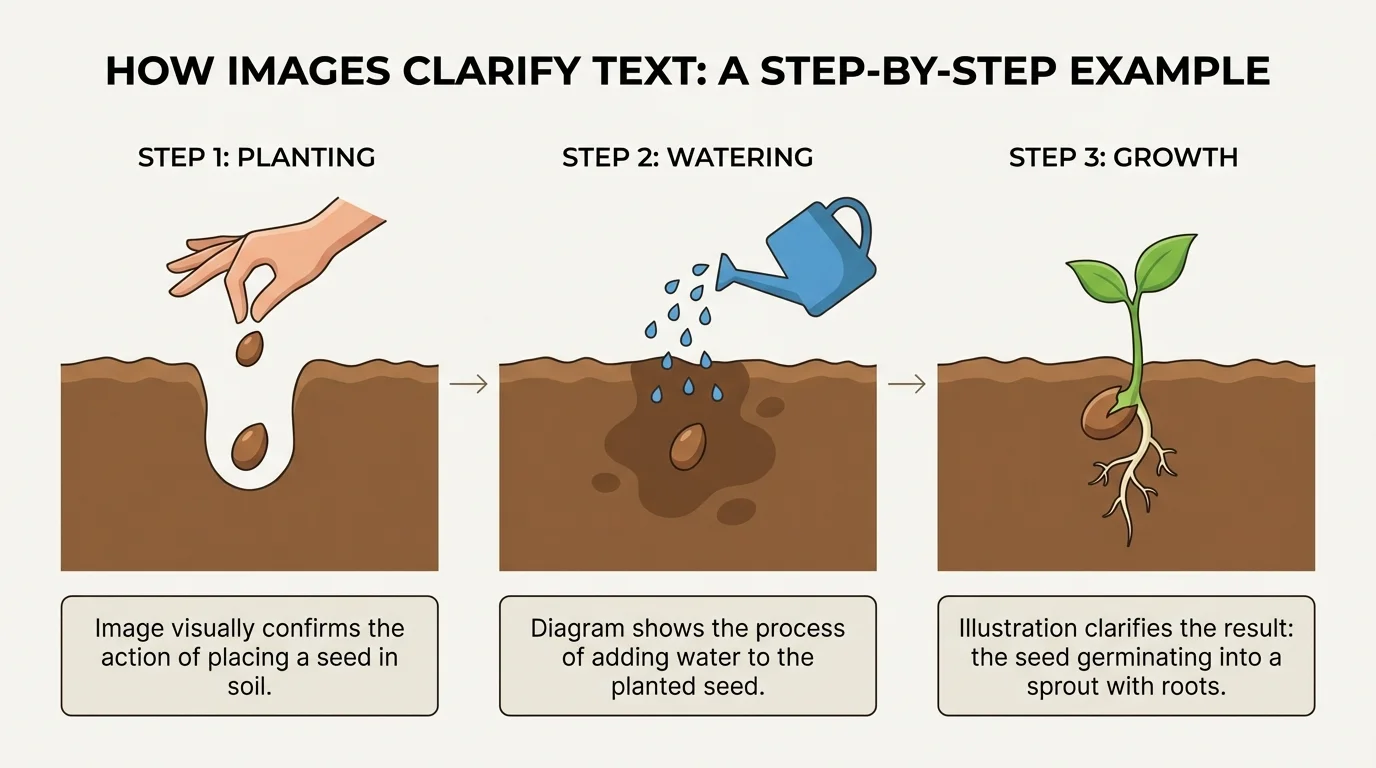 three-panel step-by-step illustration showing a seed being planted in soil, watered, and then growing into a small sprout with arrows between panels