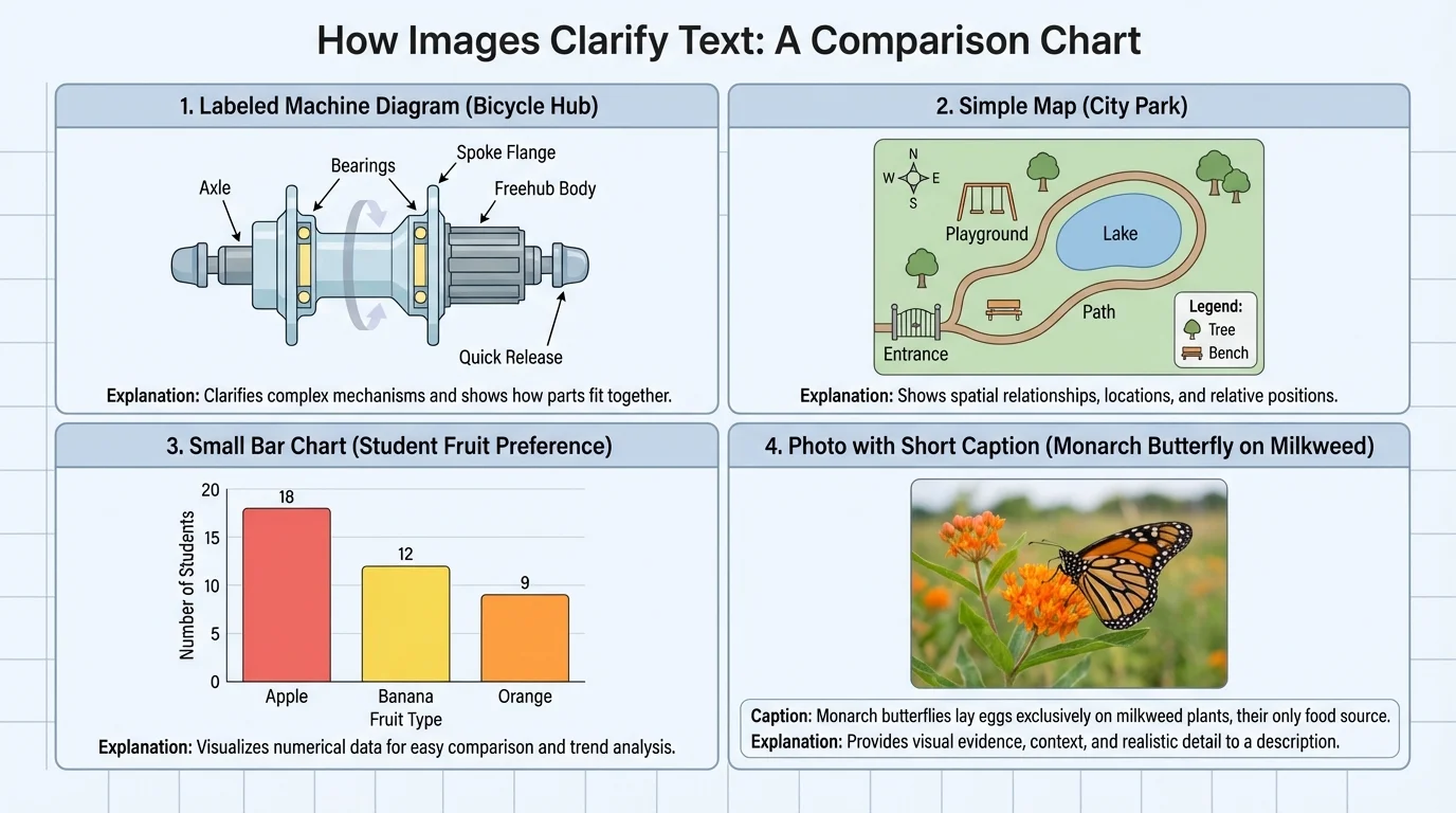 comparison chart showing four nonfiction visuals: a labeled machine diagram, a simple map, a small bar chart, and a photo with a short caption
