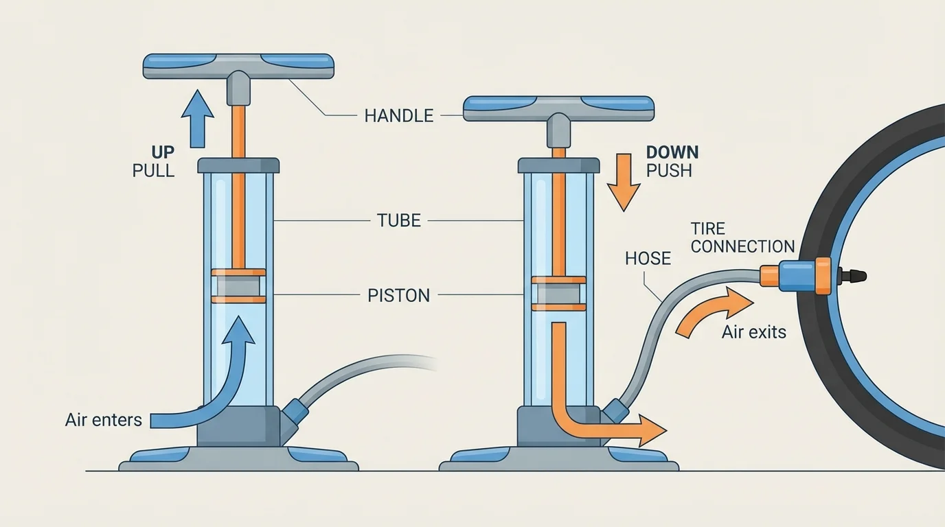 labeled bicycle pump with handle, tube, hose, tire connection, and arrows showing air moving in on the up pull and out on the down push