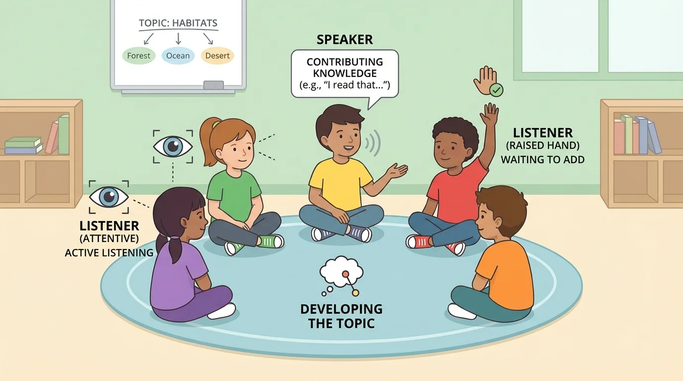Small group of children seated in a circle, one child speaking while others listen attentively, with simple cues like a raised hand, eyes on speaker, and calm classroom setting