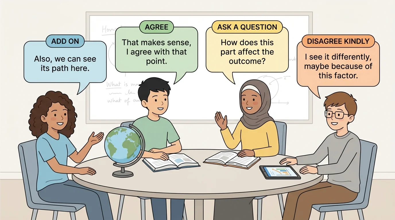 Four children in a classroom discussion with short labeled speech bubbles showing add on, agree, ask a question, and disagree kindly