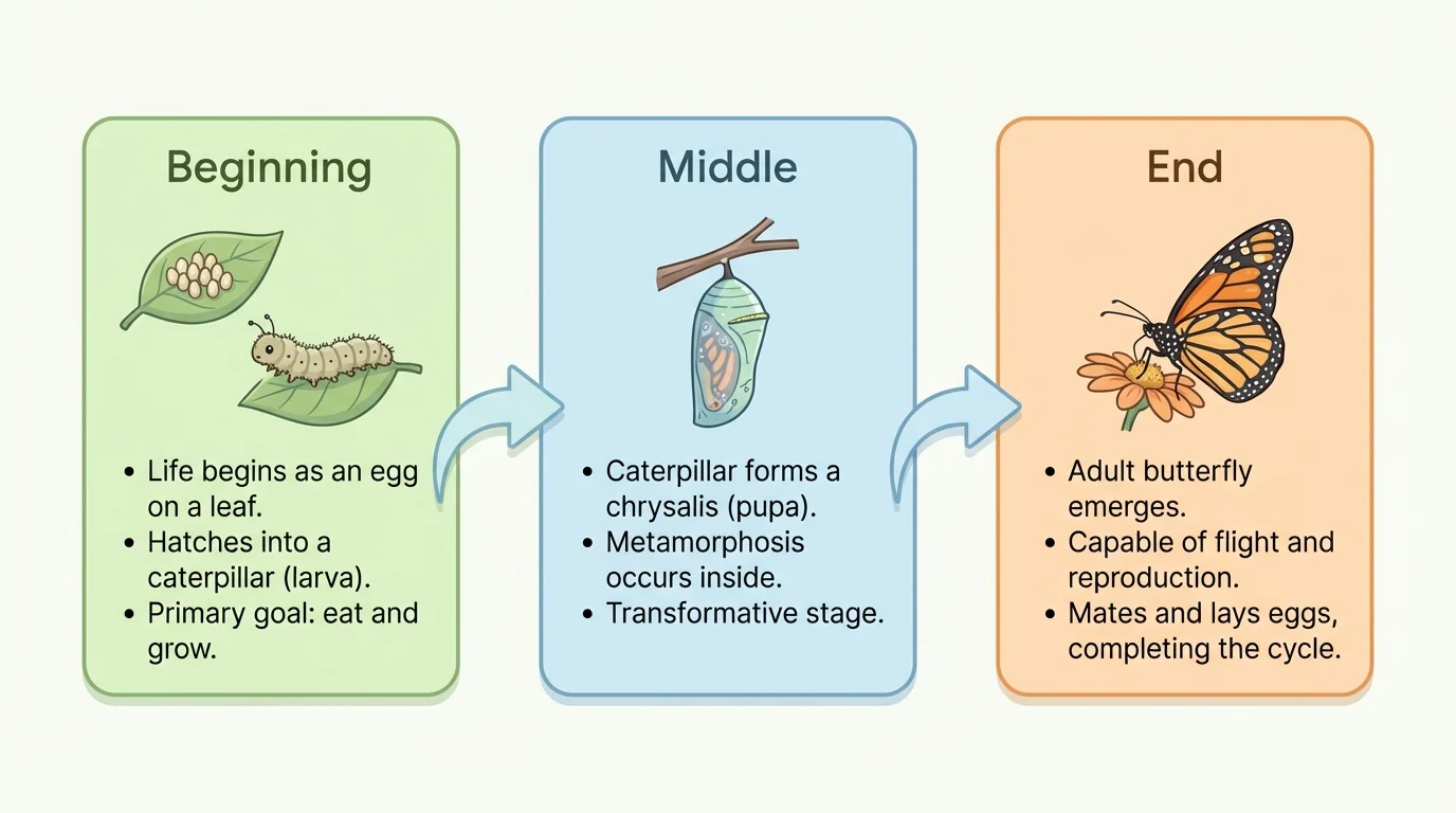 flowchart with three boxes labeled 'Beginning', 'Middle', and 'End' connected by arrows, using sample notes about butterflies in each box