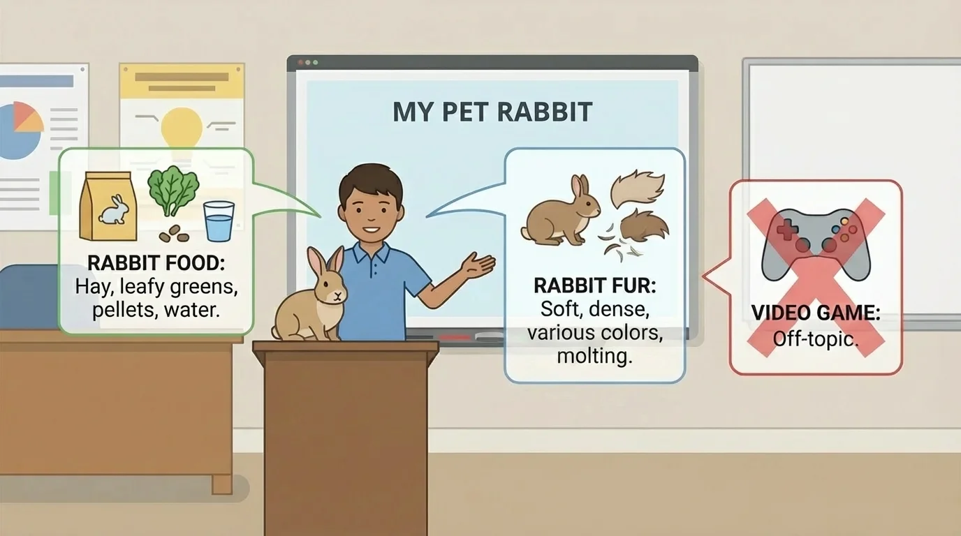 student giving a talk about a pet rabbit, with clear speech bubbles about rabbit food and fur, plus one crossed-out off-topic speech bubble about a video game