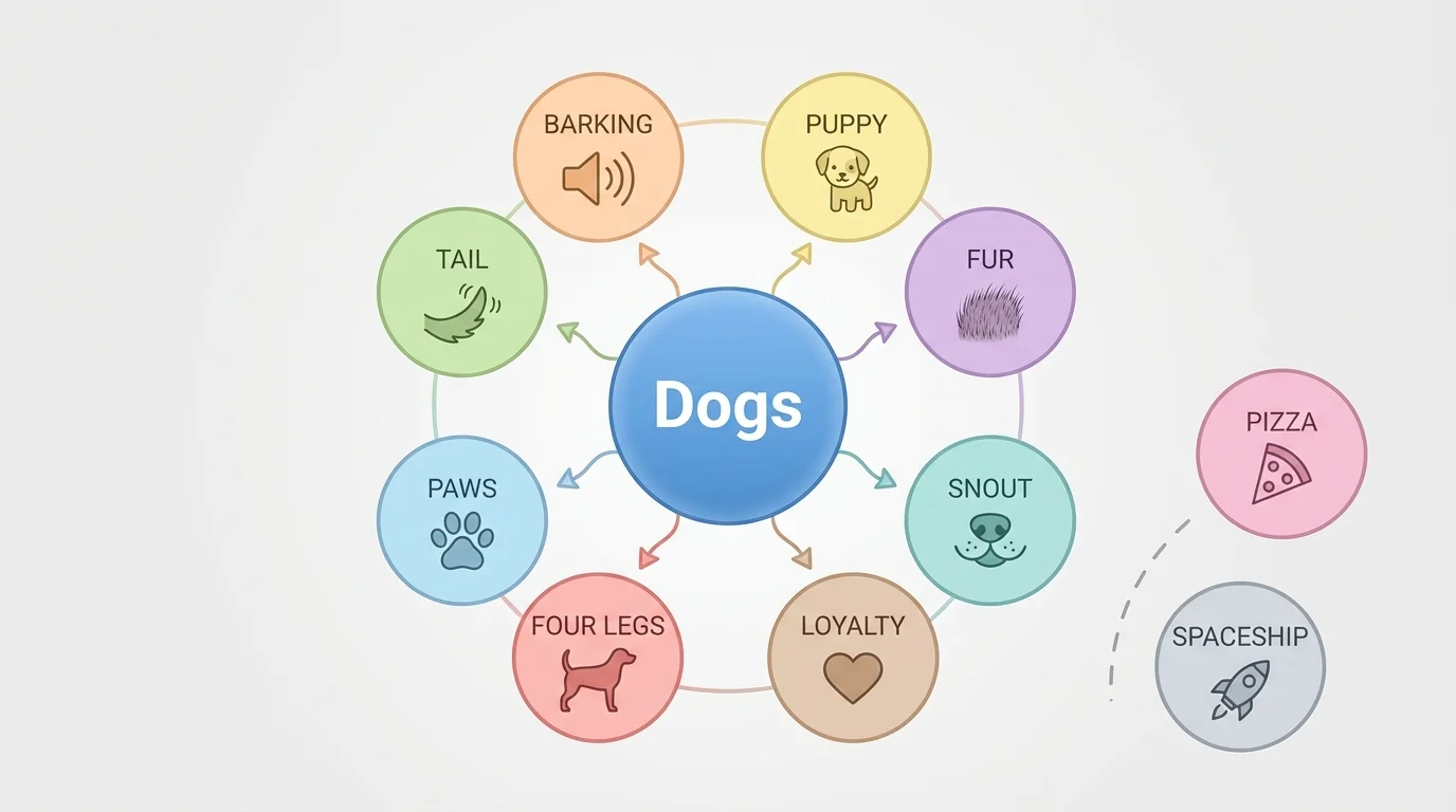 chart with a center circle labeled 'Dogs' and surrounding detail pictures or labels such as barking, tail, puppy, with a few nonmatching items like pizza or spaceship set apart to show they do not fit
