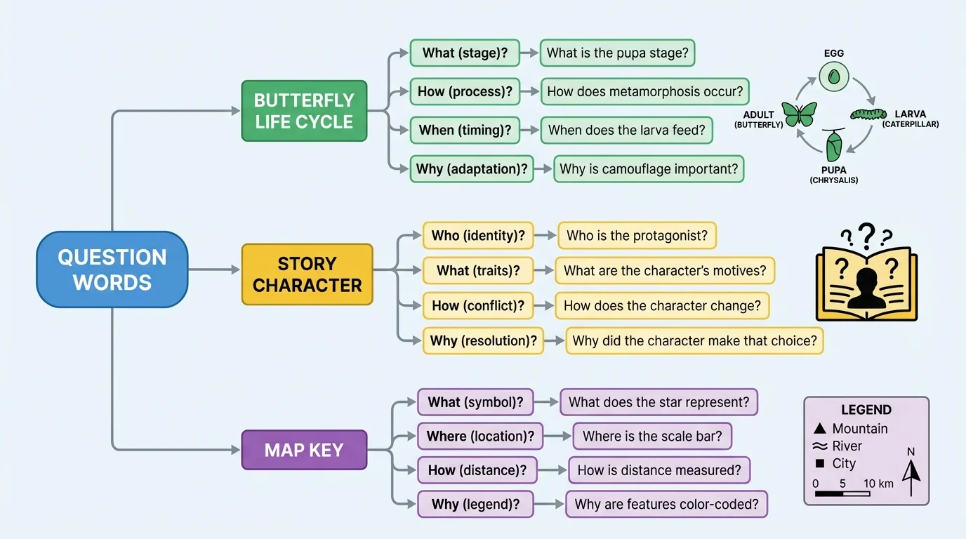 flowchart showing question words leading to sample questions about a butterfly life cycle, a story character, and a map key