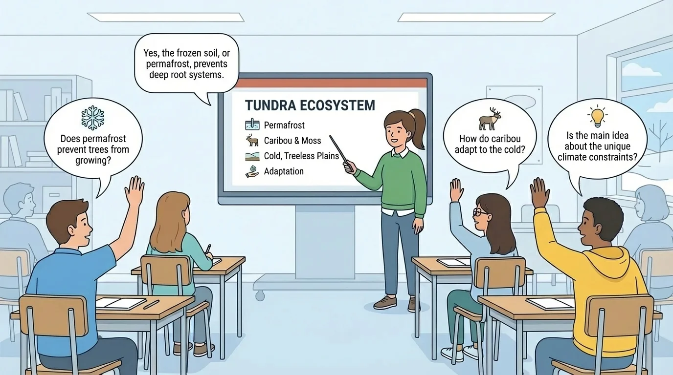 illustration of a classroom presentation where listeners ask focused questions about weather, habitat, and main idea while speaker answers