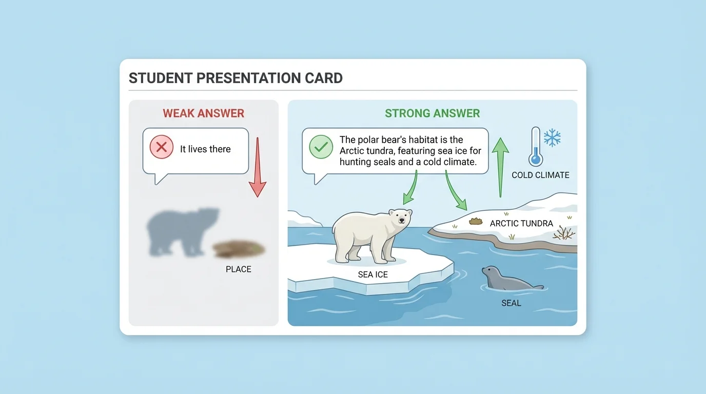 illustration of a student presentation card showing weak answer "It lives there" changed to strong answer about an animal habitat with details