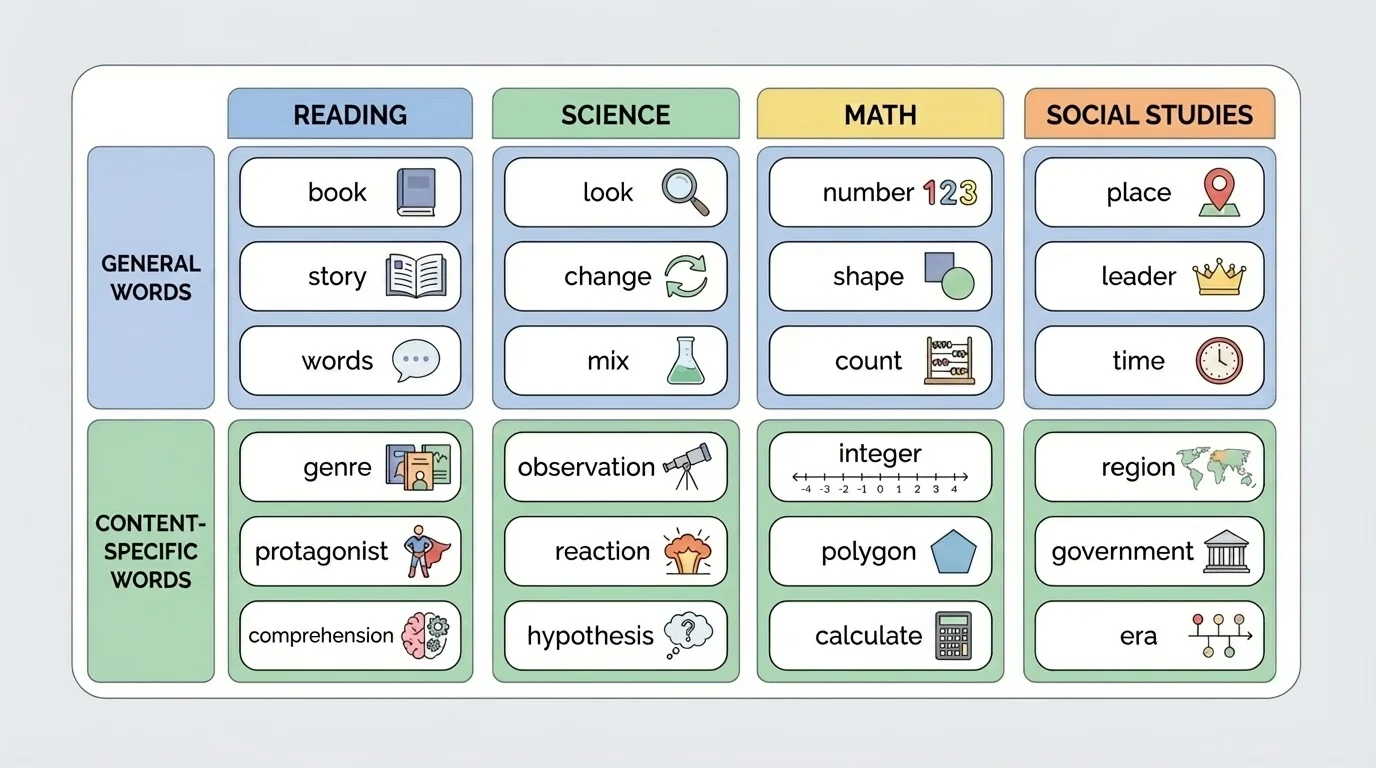 chart comparing general words and content-specific words for reading, science, math, and social studies