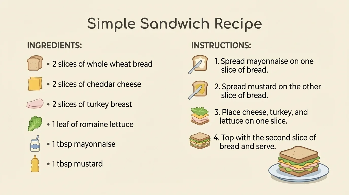 Simple sandwich recipe page with ingredient list on the left, small tool icons, and numbered steps in order on the right