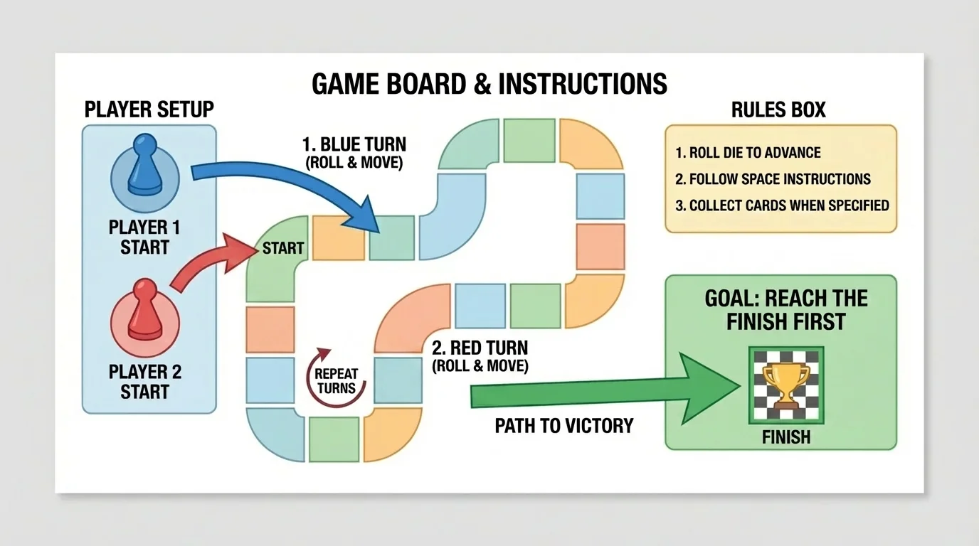 Simple board game instruction sheet showing player setup, arrows for turn order, a small rules box, and a winning goal area
