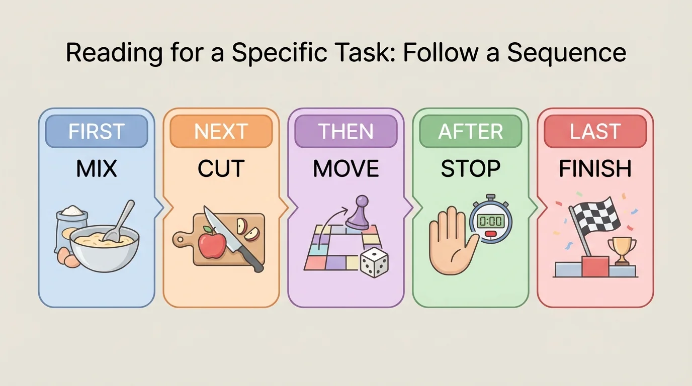 Chart showing sequence words first, next, then, after, last, alongside action words like mix, cut, move, stop