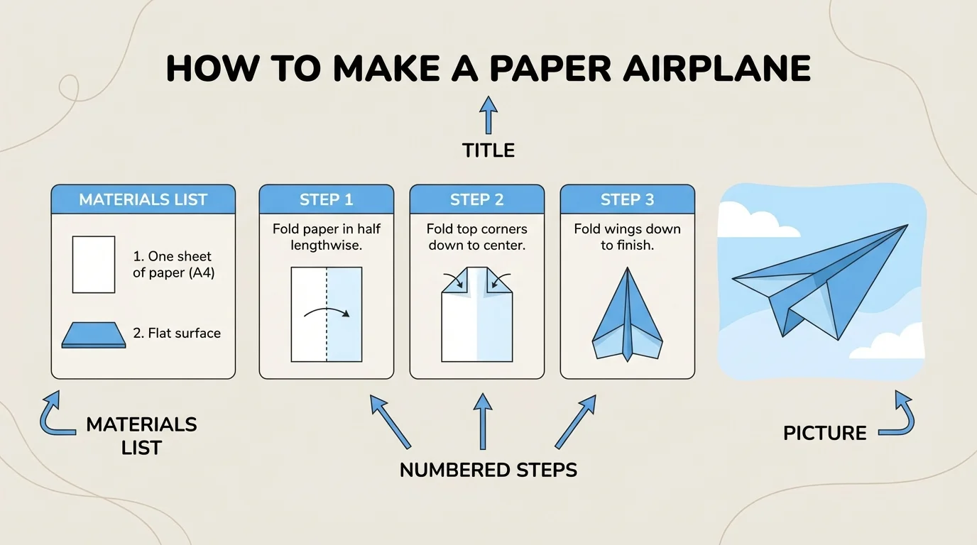 Child-friendly how-to page with a title at the top, a materials list on one side, numbered steps below, and labels pointing to title, list, steps, and picture