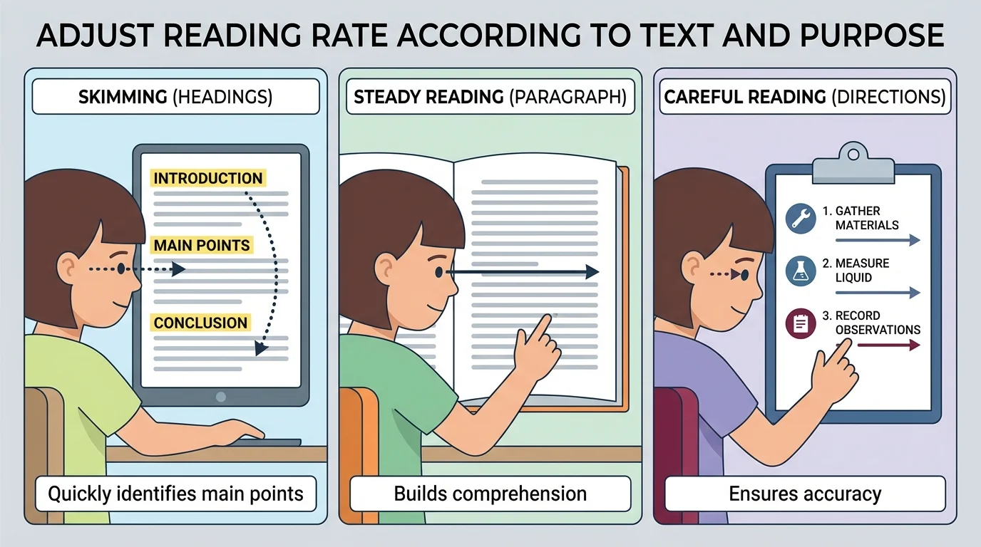 three side-by-side panels showing a child skimming headings on a page, reading a paragraph steadily, and reading directions carefully line by line