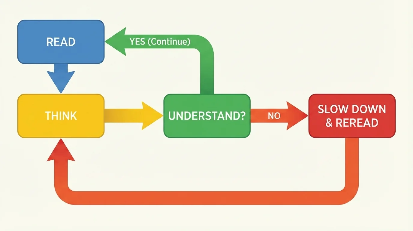 simple reading self-check loop with boxes read, think, understand, or slow down and reread, connected by arrows