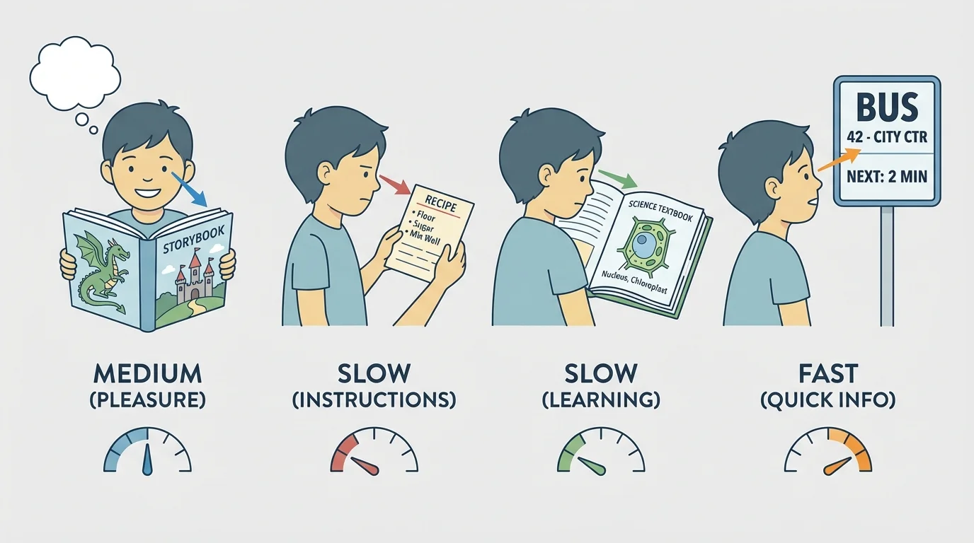 child reading a storybook, a recipe card, a science page, and a bus sign with simple labels showing fast, medium, and slow reading speeds