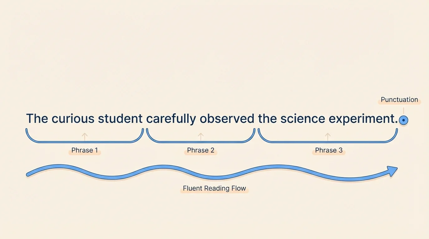 Short sentence with phrase-group markings showing how to read in smooth chunks instead of one word at a time