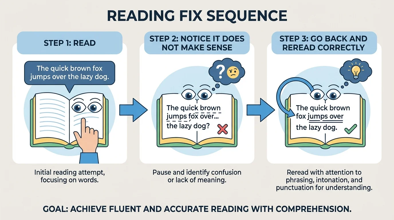 Three-step reading fix sequence: read, notice it does not make sense, go back and reread correctly