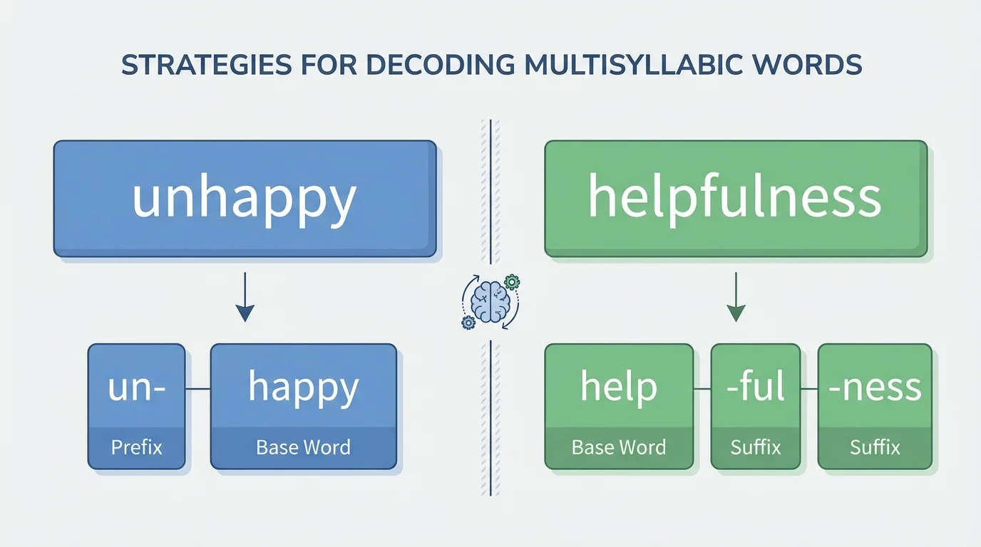 diagram showing unhappy split into un plus happy and helpfulness split into help plus ful plus ness with each part labeled