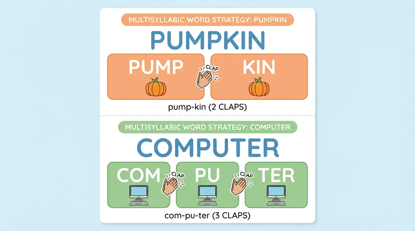 child-friendly diagram showing the word pumpkin split into pump-kin and computer split into com-pu-ter with clap marks