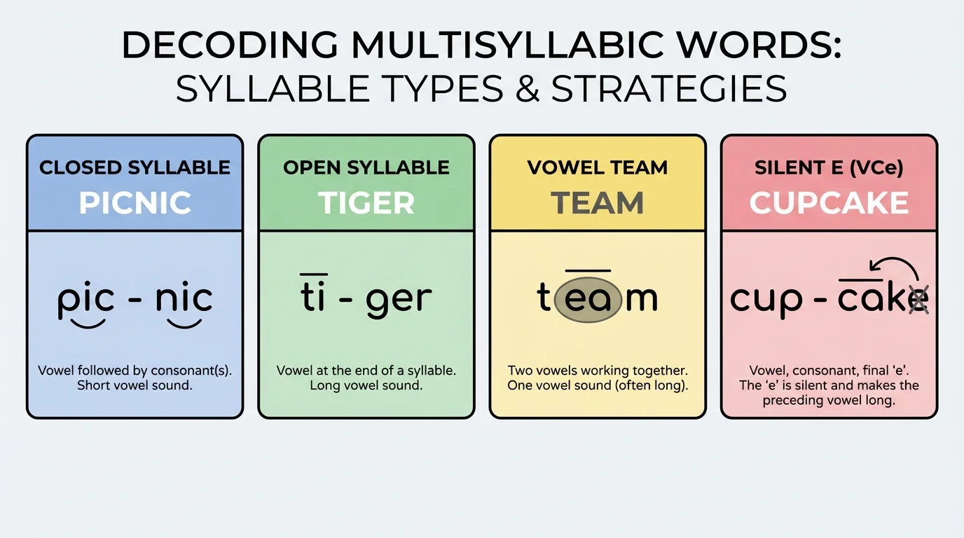 chart showing closed syllable, open syllable, vowel team, and silent e with simple examples such as picnic, tiger, team, and cupcake
