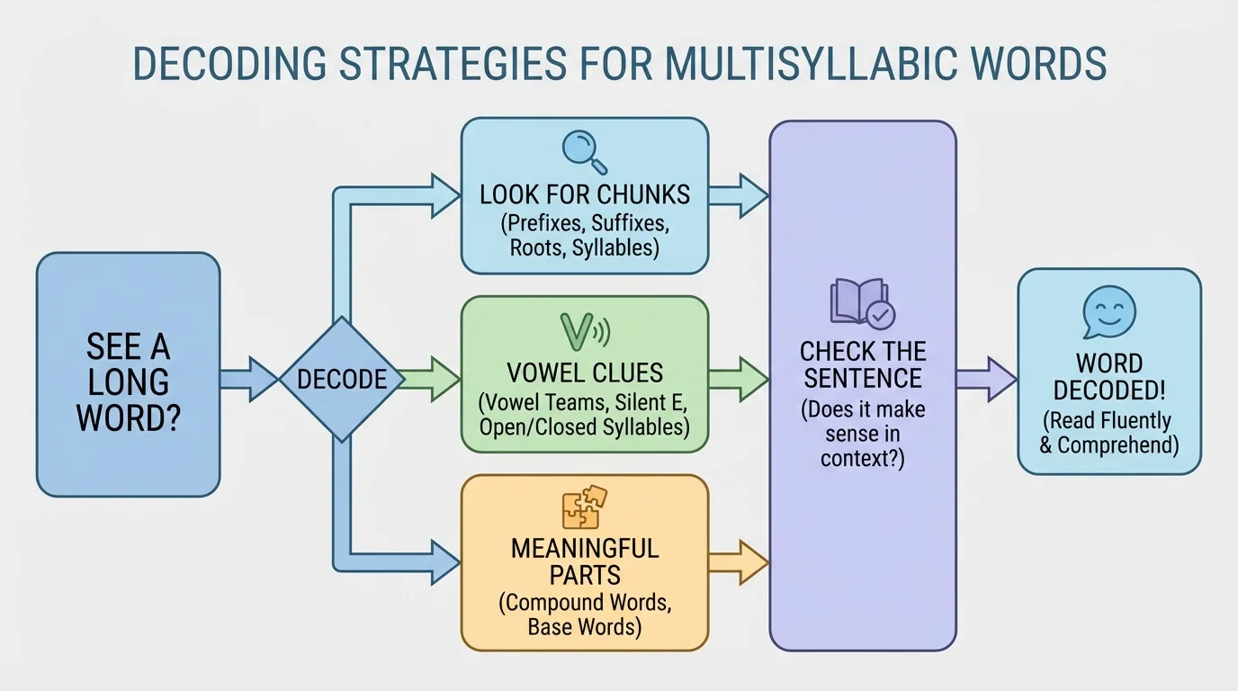 simple flowchart asking see a long word then look for chunks vowel clues meaningful parts and check the sentence