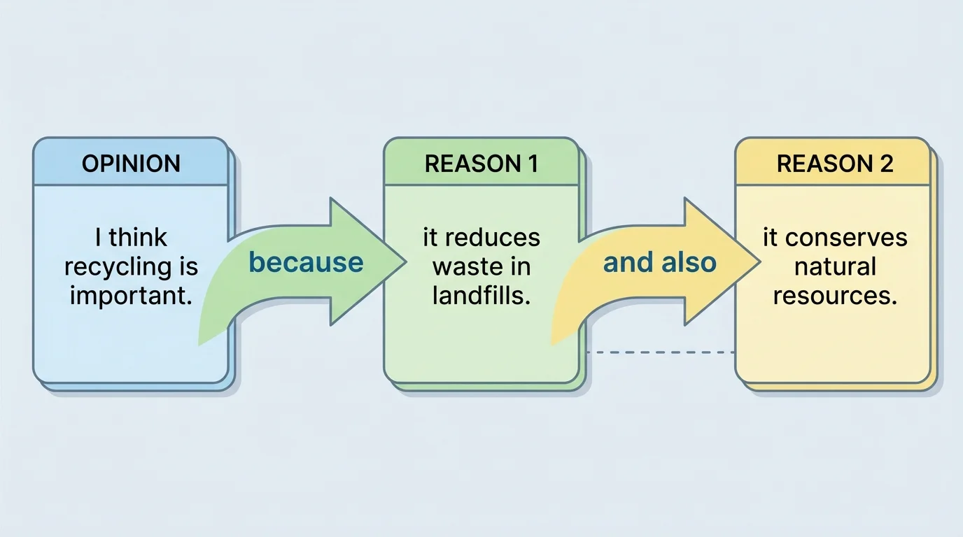 Illustration of a child's opinion sentence with arrows connecting the opinion to two reasons using the words because, and, and also