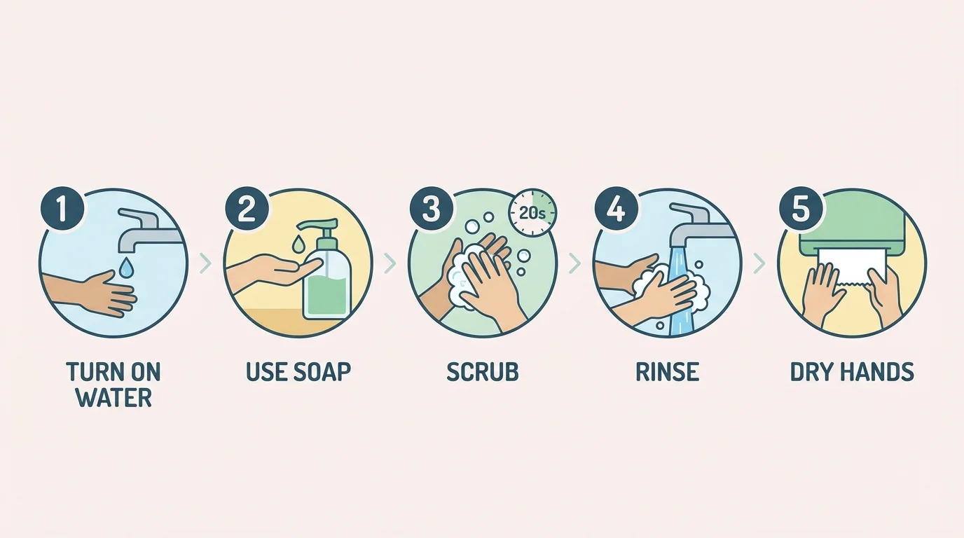 child washing hands with numbered steps from turn on water, use soap, scrub, rinse, and dry hands