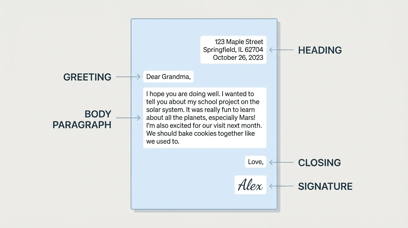 labeled friendly letter with heading at top, greeting below, body paragraph in middle, closing near bottom, and signature last