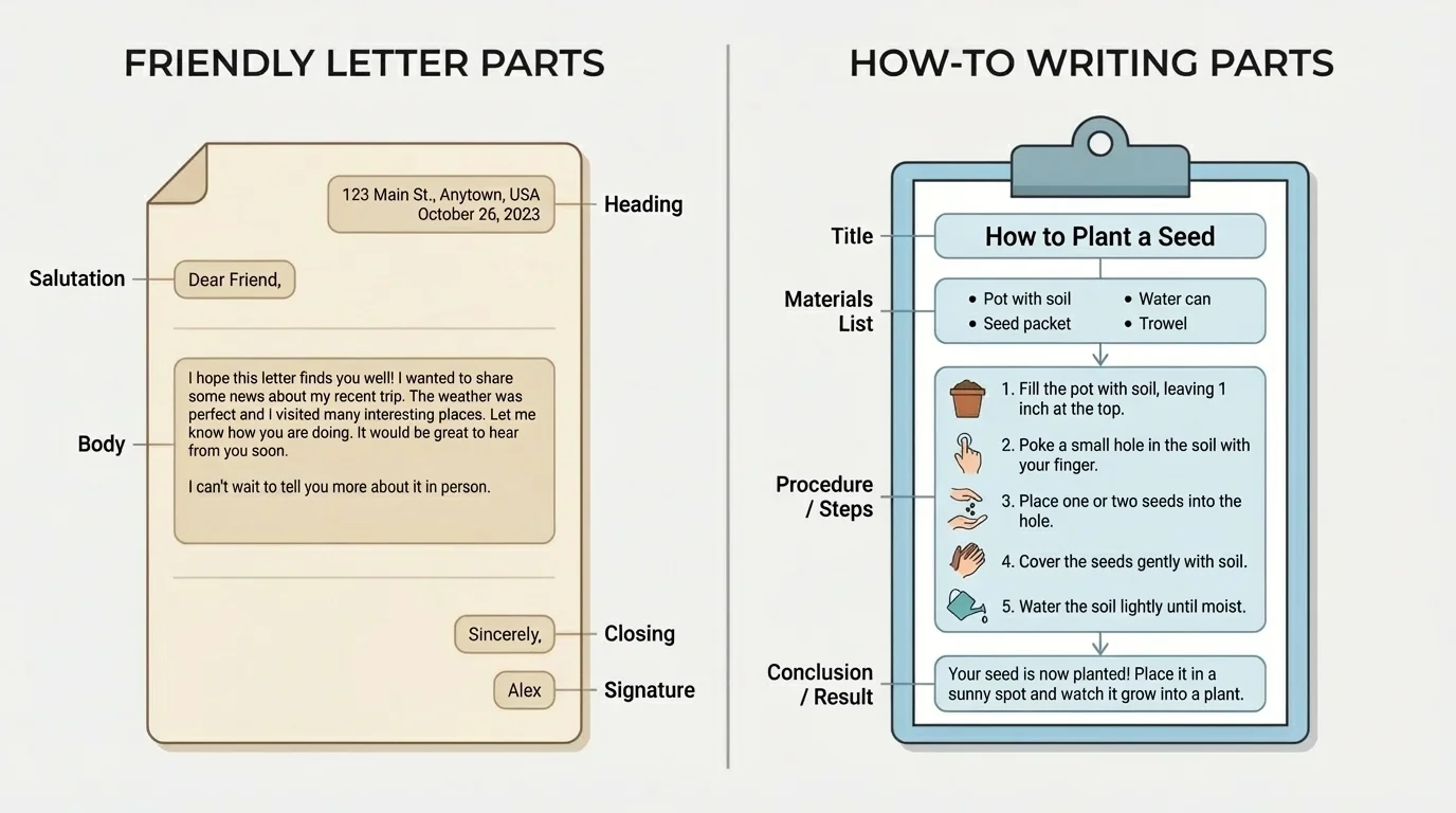 side-by-side comparison with friendly letter parts on the left and how-to writing parts on the right