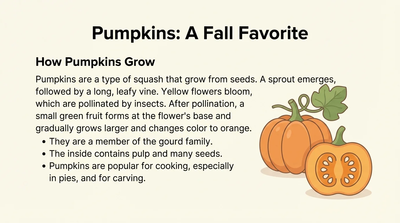Sample nonfiction page about pumpkins with a title at top, a heading for how pumpkins grow, a short paragraph, and a small bullet list of facts