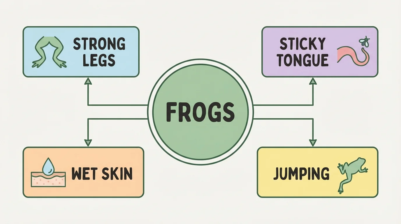 Concept web with a center circle labeled frogs and surrounding boxes for strong legs, sticky tongue, wet skin, and jumping to show one main idea with matching details