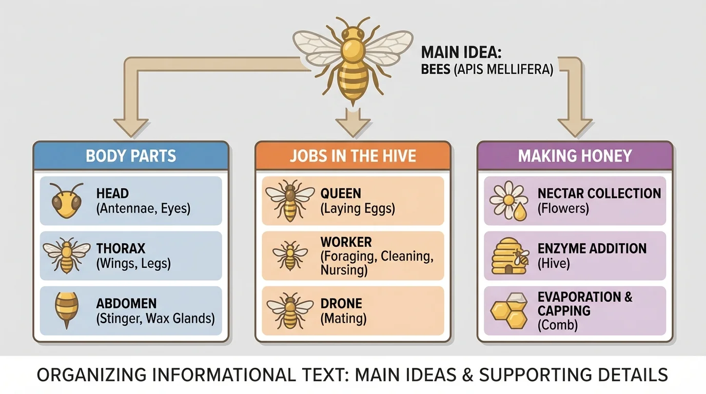 Flowchart with big topic bees at the top connected to three boxes labeled body parts, jobs in the hive, and making honey