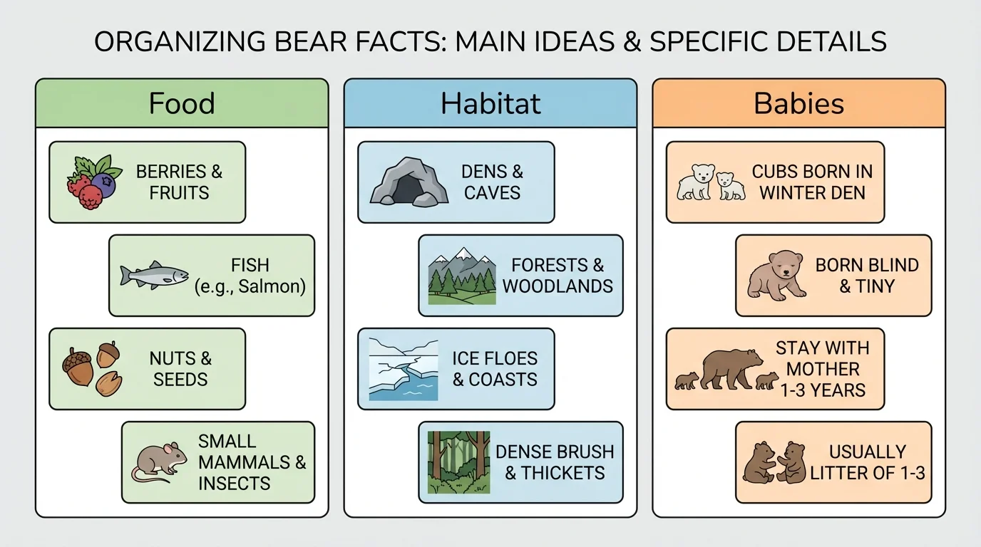 Sorting chart with mixed bear facts placed into three groups labeled food, habitat, and babies