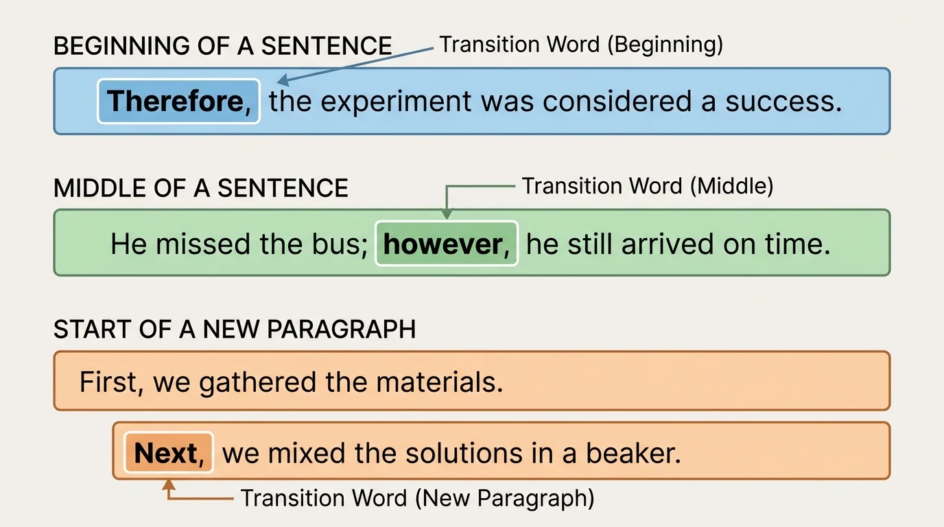 labeled sentence examples showing transition words at the beginning of a sentence, in the middle of a sentence, and at the start of a new paragraph