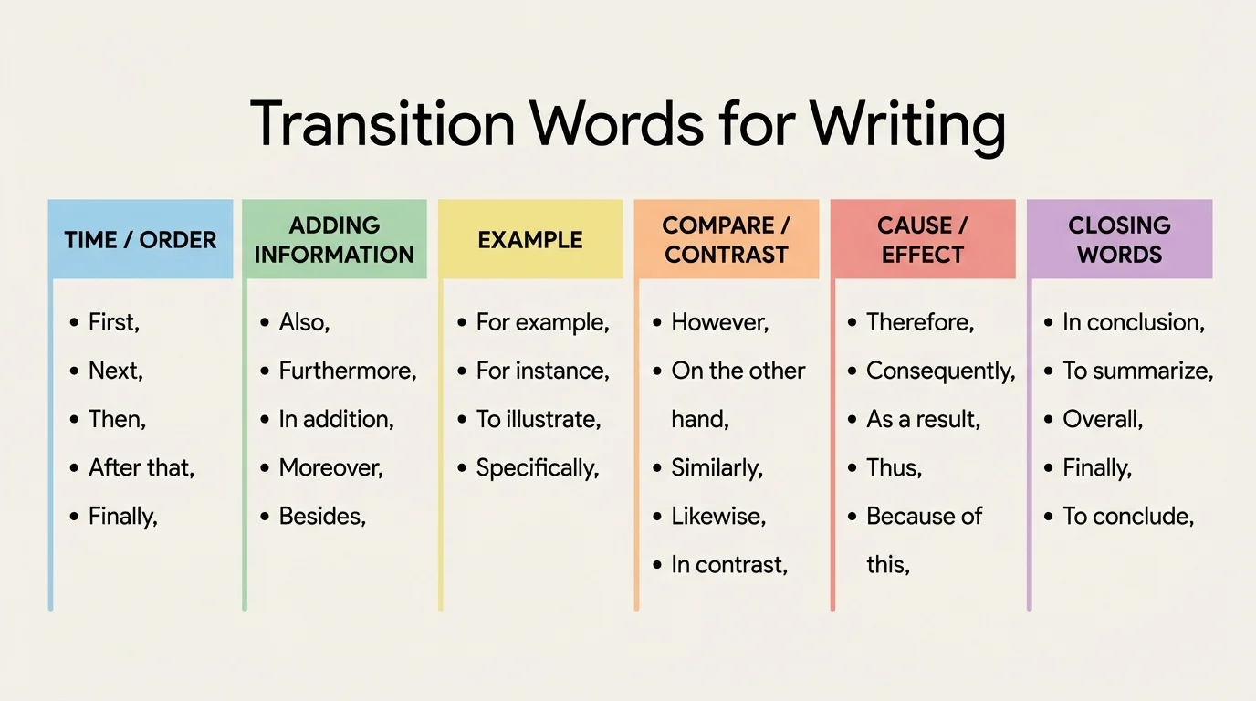 classroom chart with six labeled columns for time/order, adding information, example, compare/contrast, cause/effect, and closing words, each with simple example transitions